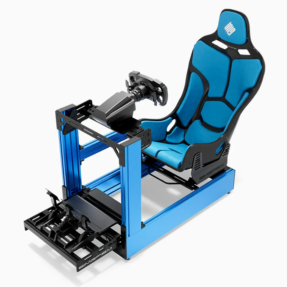 Blue SIMGASM Pro sim racing cockpit with MOZA gear and Forged Carbon Look Formula seat, front three-quarter with pedals