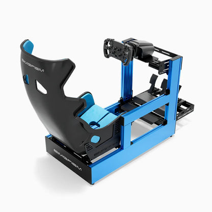 Blue SIMGASM Pro sim racing cockpit with MOZA gear and Forged Carbon Look GT seat, rear three-quarter view