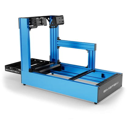 Blue SIMGASM Pro sim racing cockpit with side wheel mount, rear three-quarter view