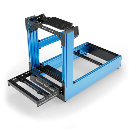 Blue SIMGASM Pro sim racing cockpit with bottom wheel mount, elevated front three-quarter view