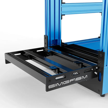 Blue SIMGASM Pro sim racing cockpit, close-up of the pedal tray and SIMGASM logo plate