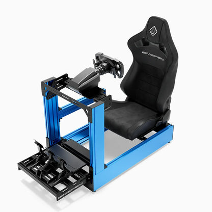 Blue SIMGASM Pro sim racing cockpit with MOZA gear and black reclining seat, front three-quarter with pedals