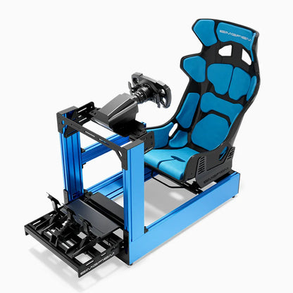 Blue SIMGASM Pro sim racing cockpit with MOZA gear and Forged Carbon Look GT seat, front three-quarter with pedals