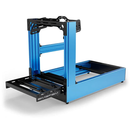 Blue SIMGASM Pro sim racing cockpit with front wheel mount, low front three-quarter view