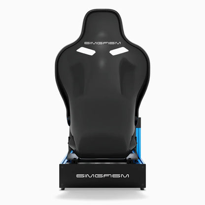 Blue SIMGASM Pro sim racing cockpit with MOZA gear and Forged Carbon Look Formula seat, direct rear view