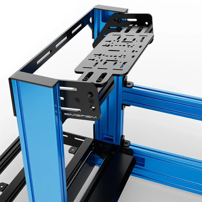 Blue SIMGASM Pro sim racing cockpit with bottom wheel mount, mounting hardware close-up