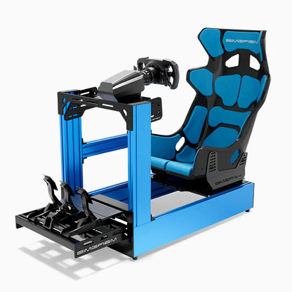 Blue SIMGASM Pro sim racing cockpit with MOZA gear and Forged Carbon Look GT seat, opposite side with cushions