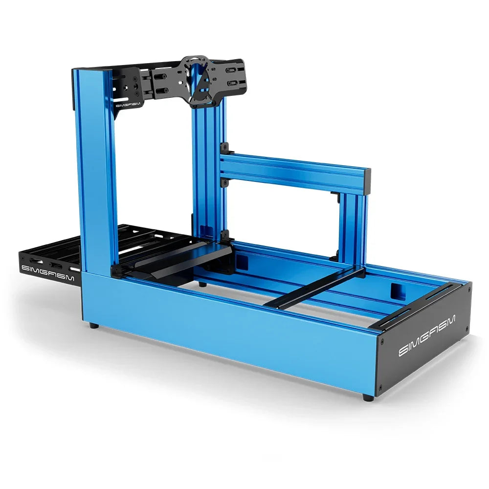 Blue SIMGASM Pro sim racing cockpit with front wheel mount, rear three-quarter view
