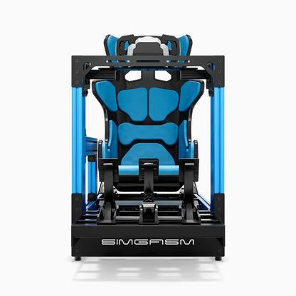 Blue SIMGASM Pro sim racing cockpit with MOZA gear and Forged Carbon Look GT seat, direct front view
