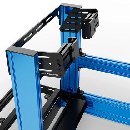 Blue SIMGASM Pro sim racing cockpit with side wheel mount, mounting hardware close-up