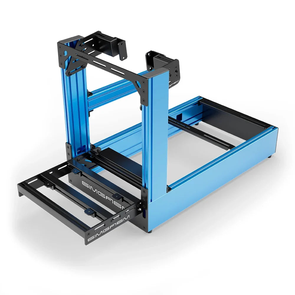 Blue SIMGASM Pro sim racing cockpit with side wheel mount, elevated front three-quarter view