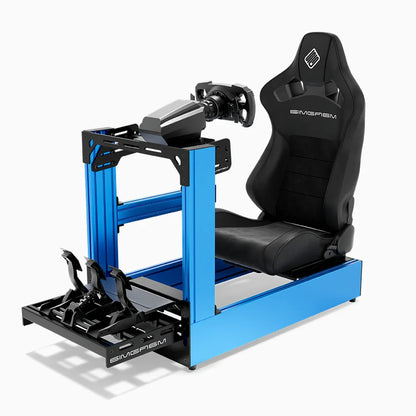 Blue SIMGASM Pro sim racing cockpit with MOZA gear and black reclining seat, opposite side with cushions