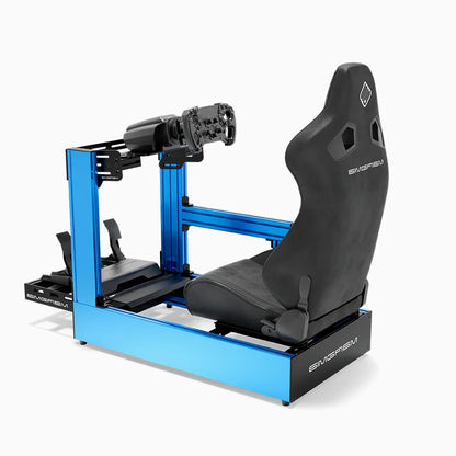 Blue SIMGASM Pro sim racing cockpit with MOZA gear and black reclining seat, side view showing seat back