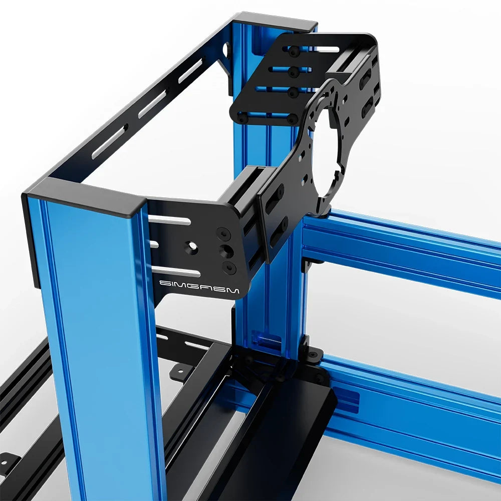 Blue SIMGASM Pro sim racing cockpit with front wheel mount, mounting hardware close-up