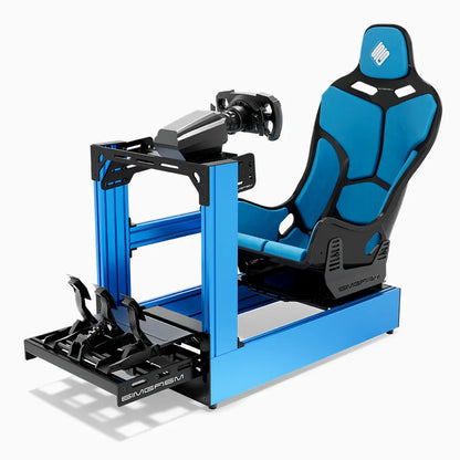 Blue SIMGASM Pro sim racing cockpit with MOZA gear and Forged Carbon Look Formula seat, opposite side with cushions