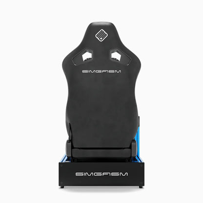 Blue SIMGASM Pro sim racing cockpit with MOZA gear and black reclining seat, direct rear view