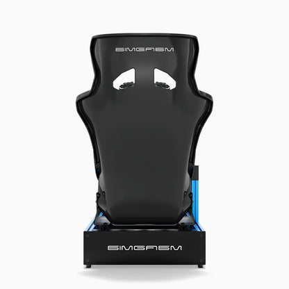 Blue SIMGASM Pro sim racing cockpit with MOZA gear and Forged Carbon Look GT seat, direct rear view