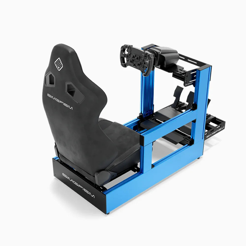 Blue SIMGASM Pro sim racing cockpit with MOZA gear and black reclining seat, rear three-quarter view