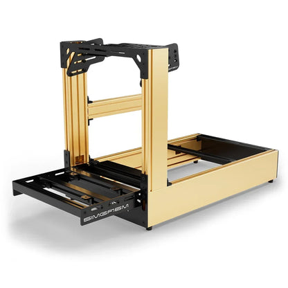 Gold SIMGASM Pro sim racing cockpit with bottom wheel mount, low front three-quarter view