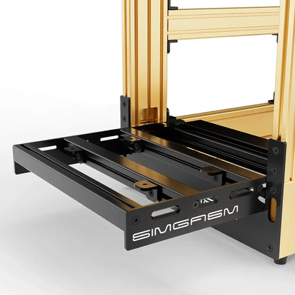 Gold SIMGASM Pro sim racing cockpit, close-up of the pedal tray and SIMGASM logo plate