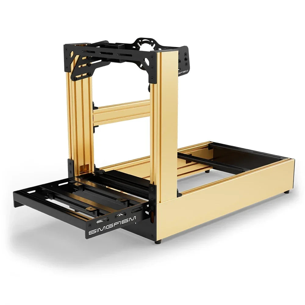 Gold SIMGASM Pro sim racing cockpit with front wheel mount, low front three-quarter view