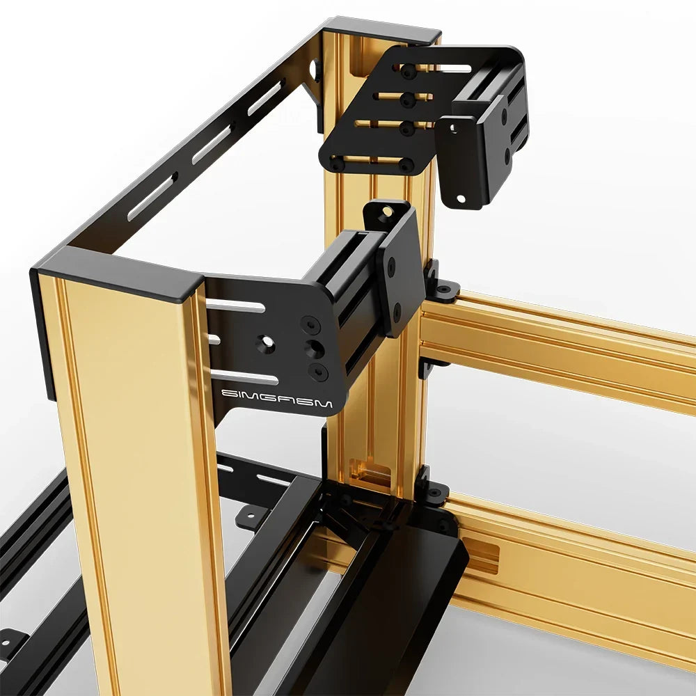 Gold SIMGASM Pro sim racing cockpit with side wheel mount, mounting hardware close-up
