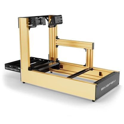 Gold SIMGASM Pro sim racing cockpit with side wheel mount, rear three-quarter view
