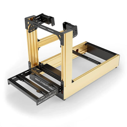 Gold SIMGASM Pro sim racing cockpit with side wheel mount, elevated front three-quarter view