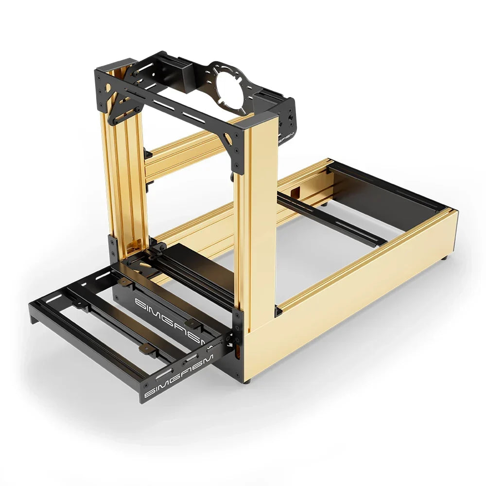 Gold SIMGASM Pro sim racing cockpit with front wheel mount, elevated front three-quarter view