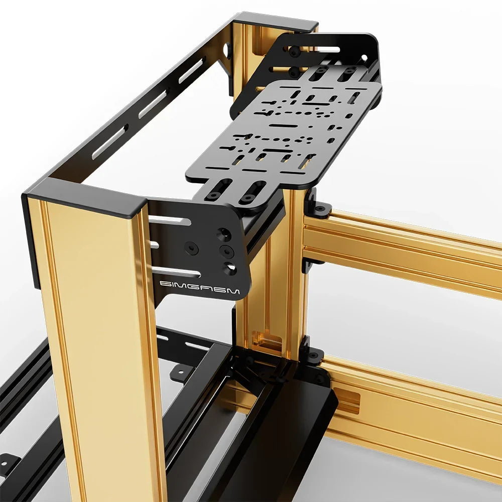 Gold SIMGASM Pro sim racing cockpit with bottom wheel mount, mounting hardware close-up