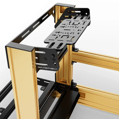 Gold SIMGASM Pro sim racing cockpit with bottom wheel mount, mounting hardware close-up