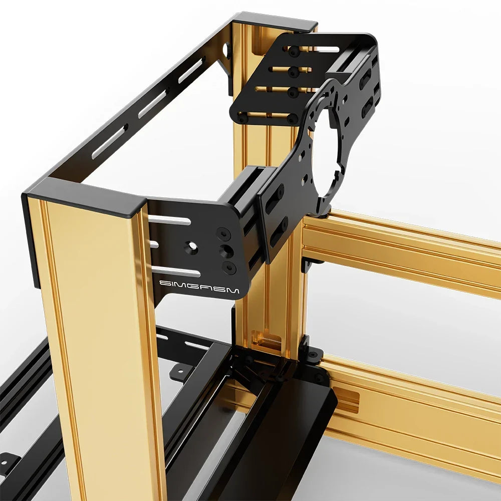 Gold SIMGASM Pro sim racing cockpit with front wheel mount, mounting hardware close-up