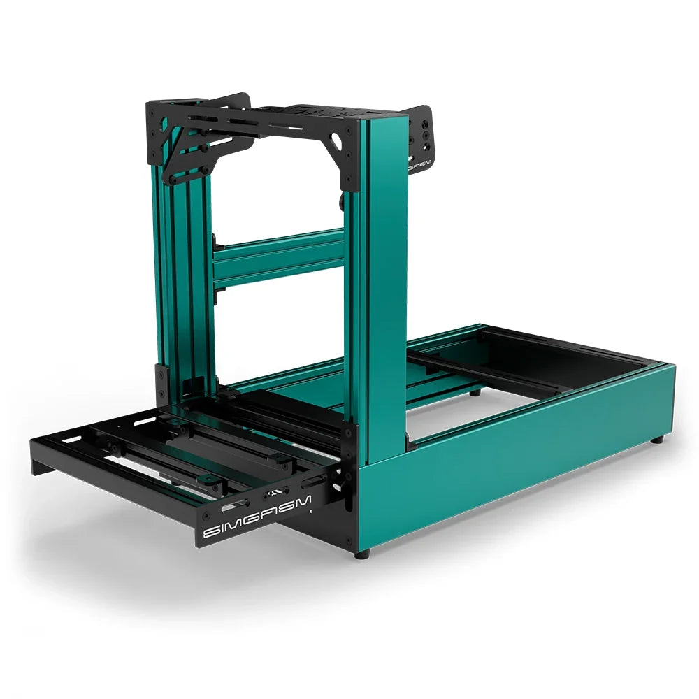 Green SIMGASM Pro sim racing cockpit with bottom wheel mount, low front three-quarter view