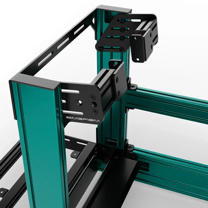 Green SIMGASM Pro sim racing cockpit with side wheel mount, mounting hardware close-up