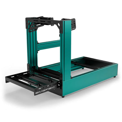 Green SIMGASM Pro sim racing cockpit with side wheel mount, low front three-quarter view