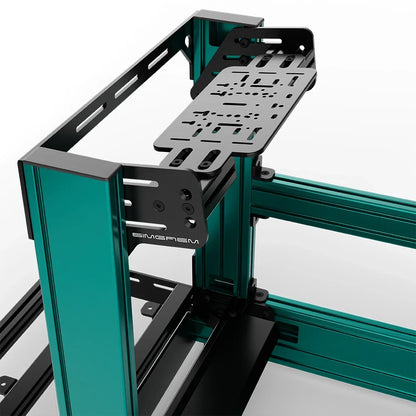 Green SIMGASM Pro sim racing cockpit with bottom wheel mount, mounting hardware close-up