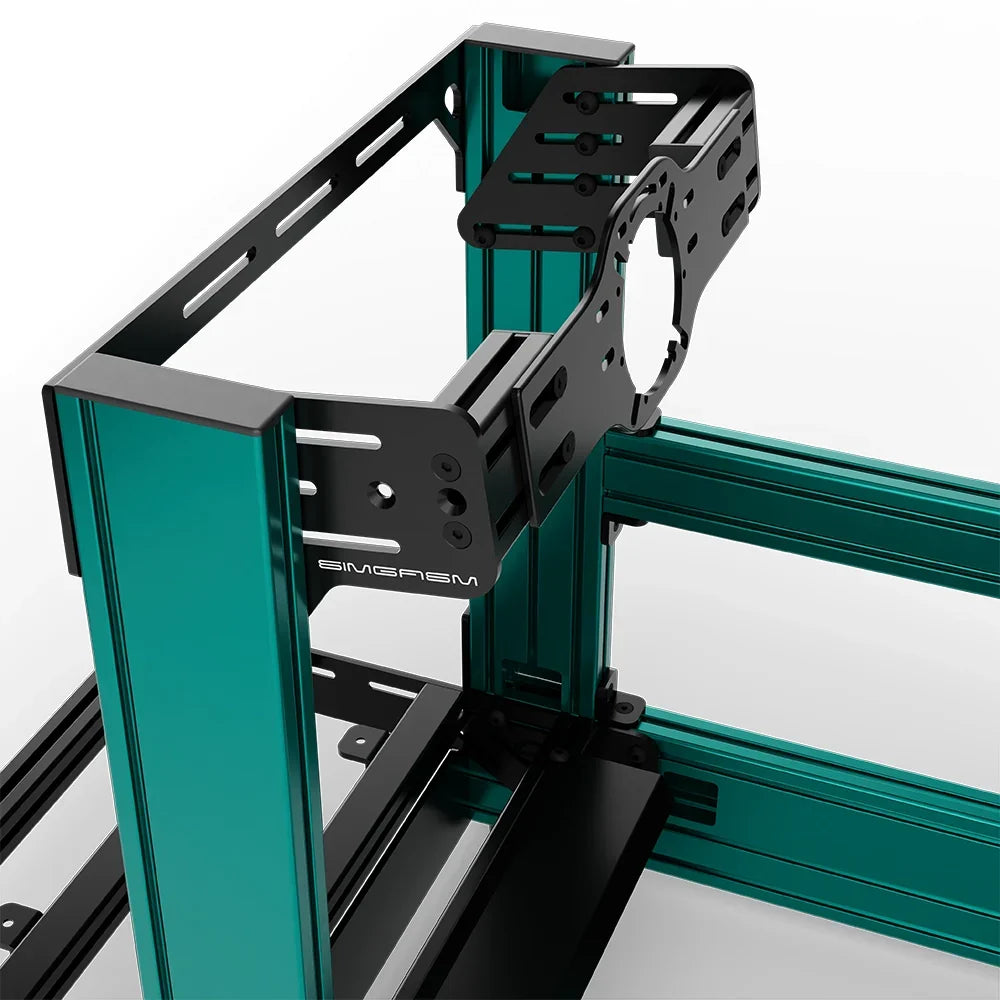 Green SIMGASM Pro sim racing cockpit with front wheel mount, mounting hardware close-up