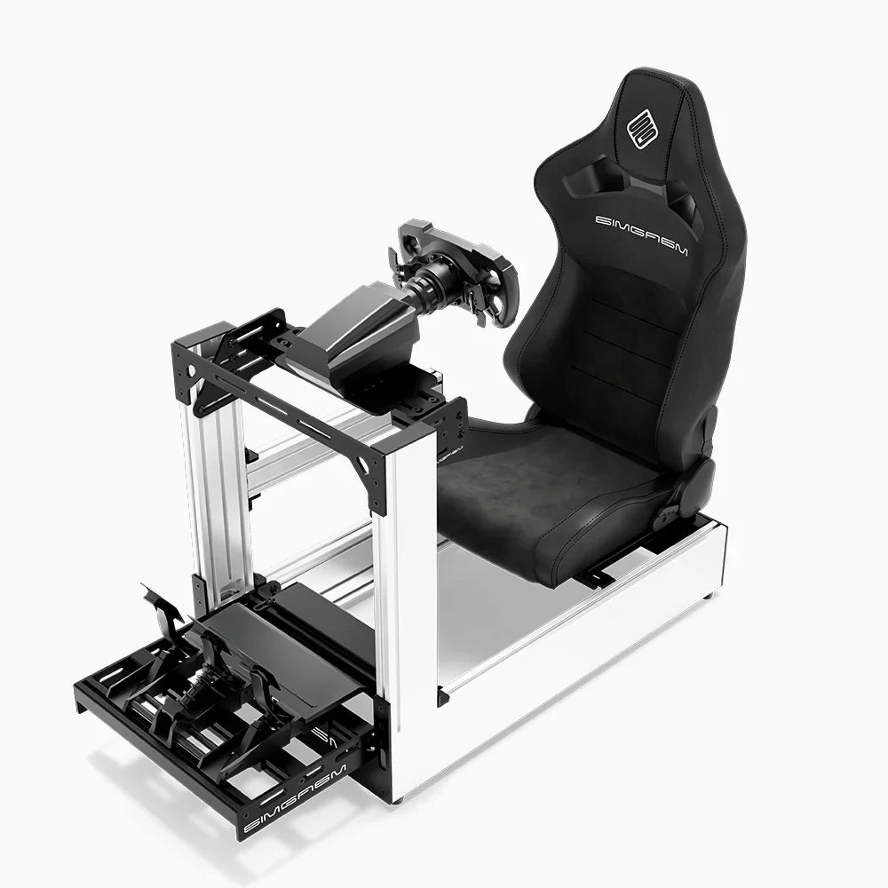 White SIMGASM Pro sim racing cockpit with MOZA gear and black reclining seat, front three-quarter with pedals