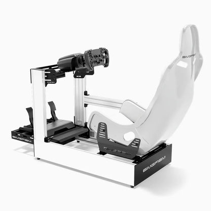White SIMGASM Pro sim racing cockpit with MOZA gear and white Formula seat, side view showing seat back