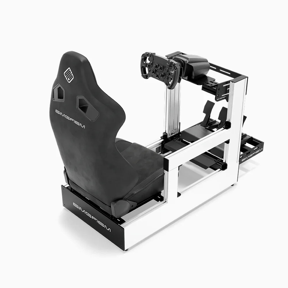 White SIMGASM Pro sim racing cockpit with MOZA gear and black reclining seat, rear three-quarter view