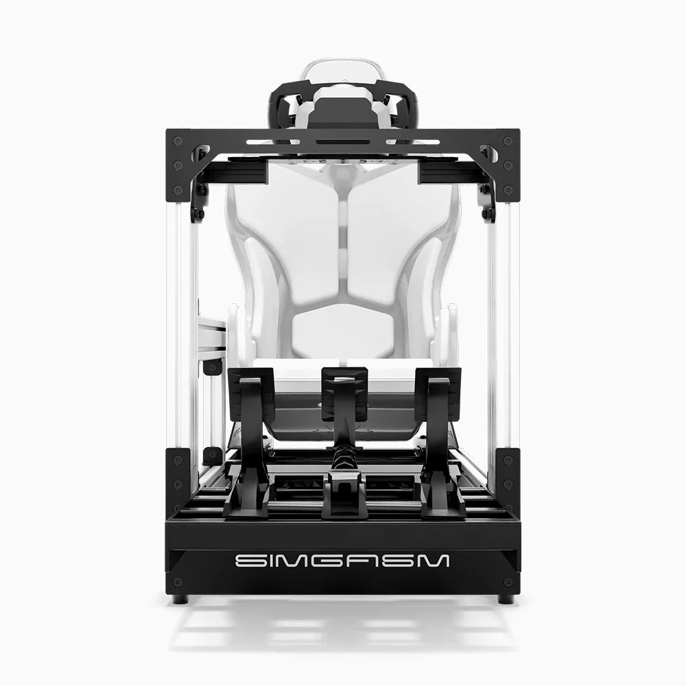 White SIMGASM Pro sim racing cockpit with MOZA gear and white Formula seat, direct front view