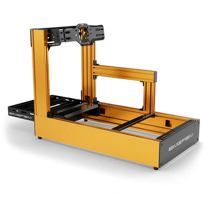 Orange SIMGASM Pro sim racing cockpit with front wheel mount, rear three-quarter view