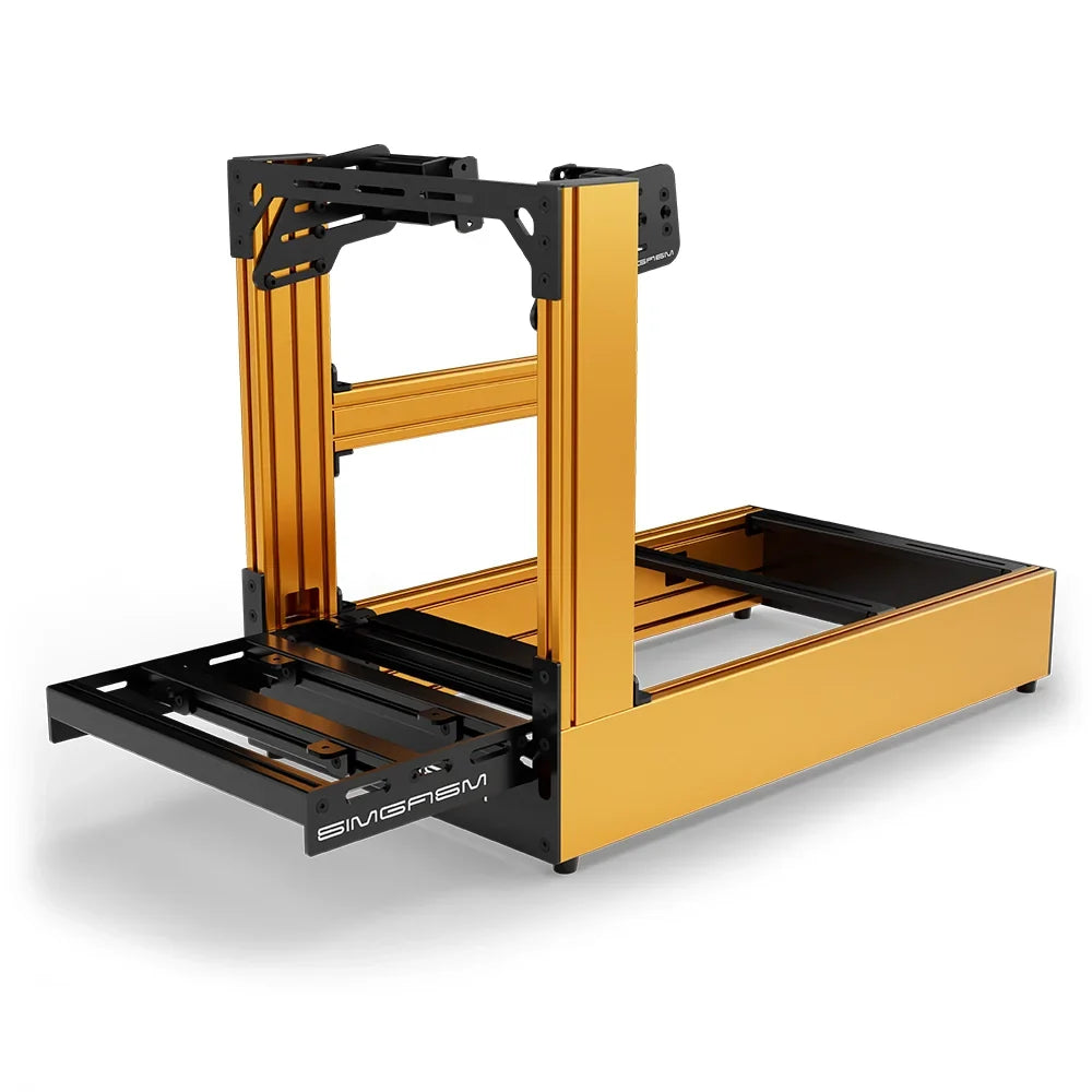 Orange SIMGASM Pro sim racing cockpit with side wheel mount, low front three-quarter view