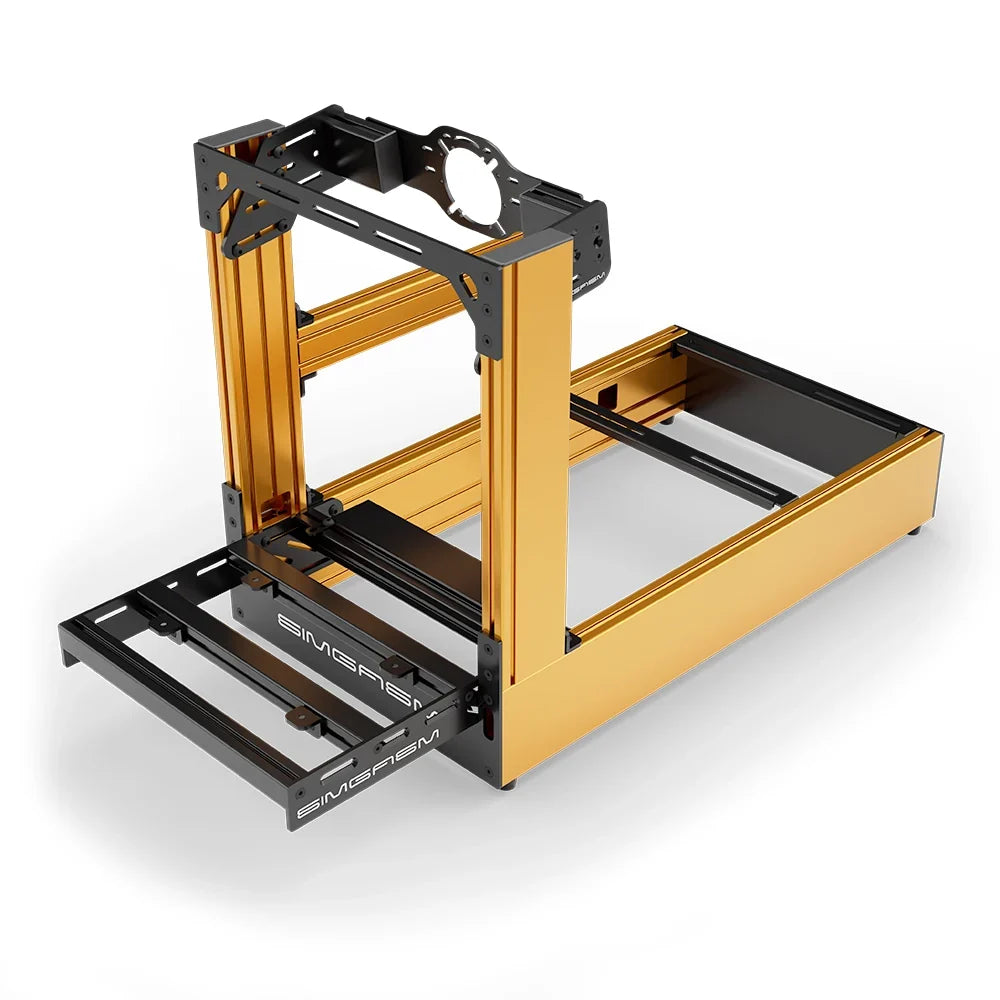 Orange SIMGASM Pro sim racing cockpit with front wheel mount, elevated front three-quarter view