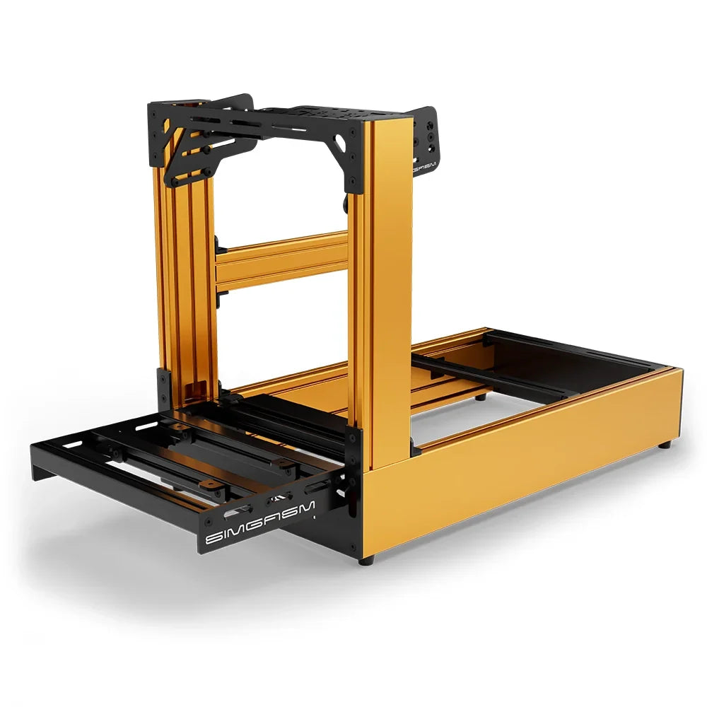 Orange SIMGASM Pro sim racing cockpit with bottom wheel mount, low front three-quarter view