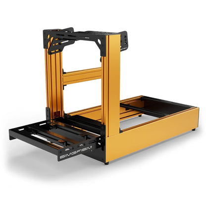 Orange SIMGASM Pro sim racing cockpit with bottom wheel mount, low front three-quarter view