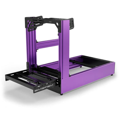 Purple SIMGASM Pro sim racing cockpit with bottom wheel mount, low front three-quarter view