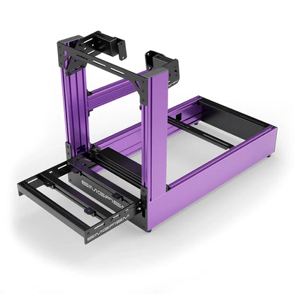 Purple SIMGASM Pro sim racing cockpit with side wheel mount, elevated front three-quarter view