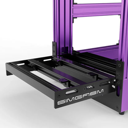 Purple SIMGASM Pro sim racing cockpit, close-up of the pedal tray and SIMGASM logo plate