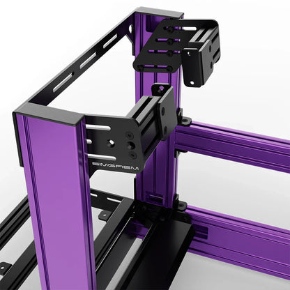 Purple SIMGASM Pro sim racing cockpit with side wheel mount, mounting hardware close-up